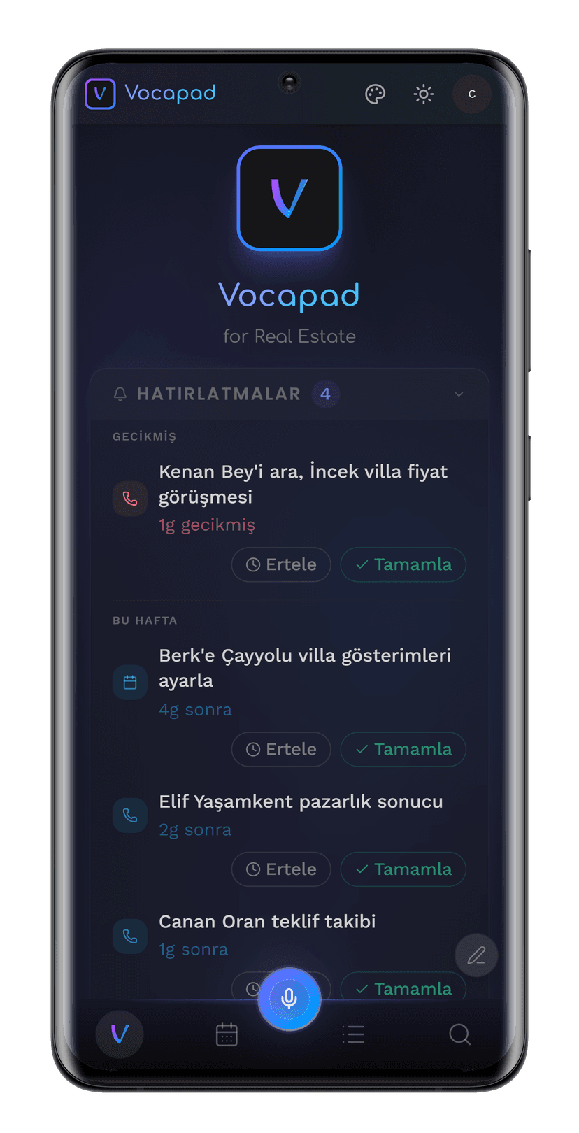 Vocapad Pulse dashboard in a phone showing reminders and AI insights