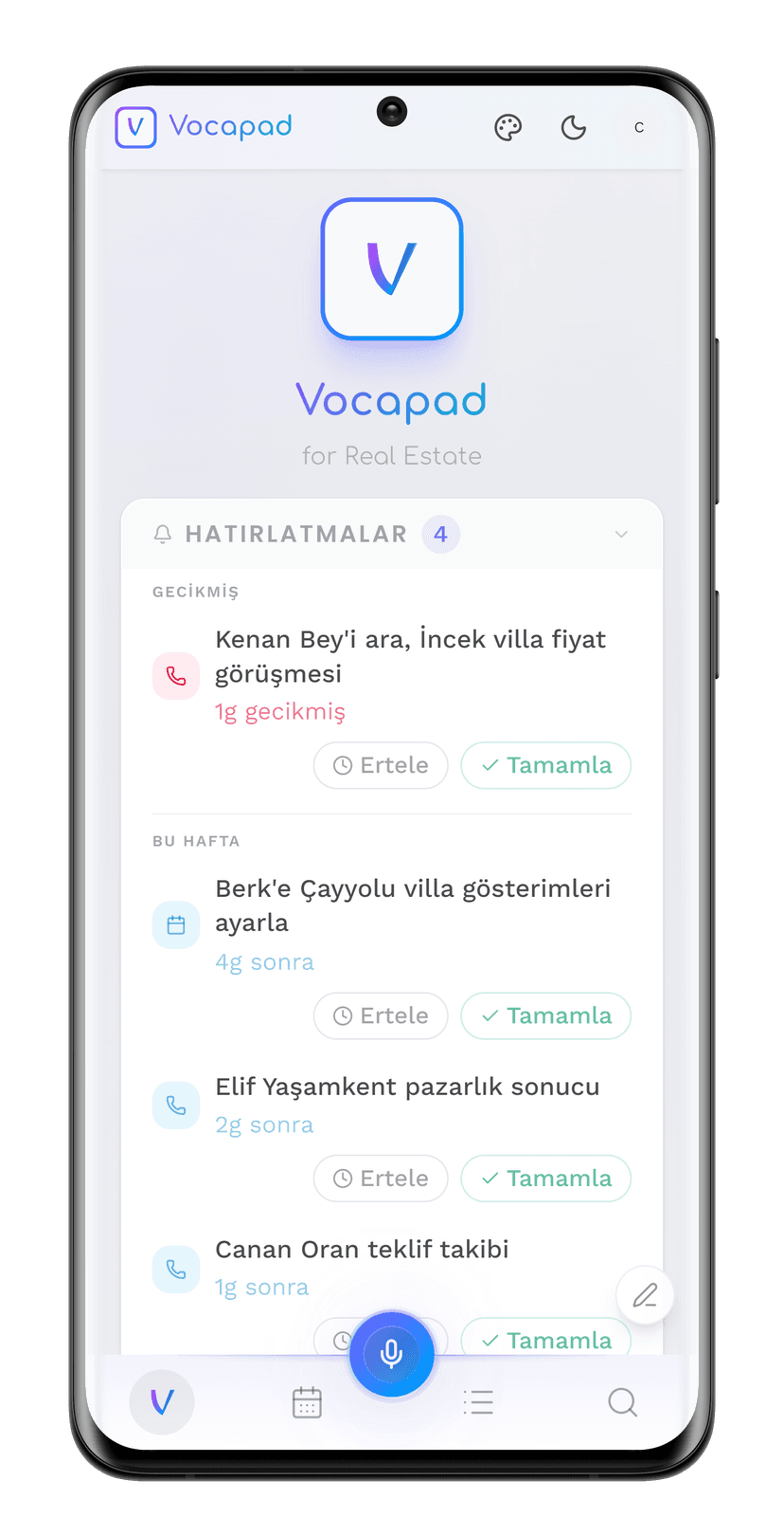 Vocapad Pulse dashboard in a phone showing reminders and AI insights