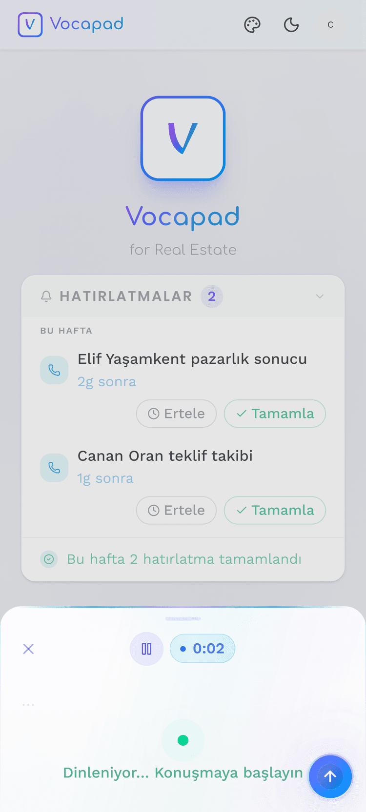 Starting a voice recording on Vocapad