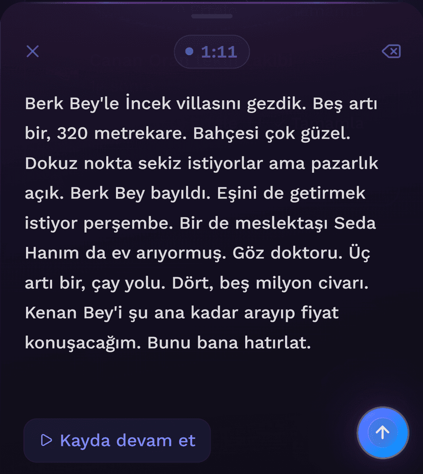 Voice note transcript showing natural Turkish speech