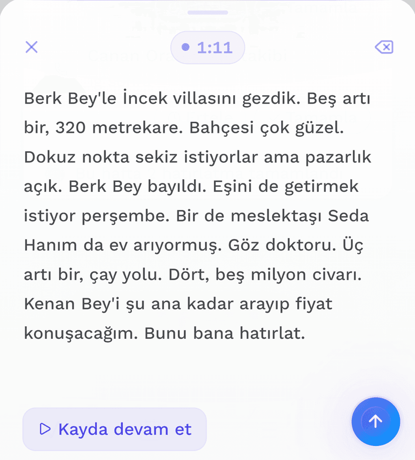 Voice note transcript showing natural Turkish speech
